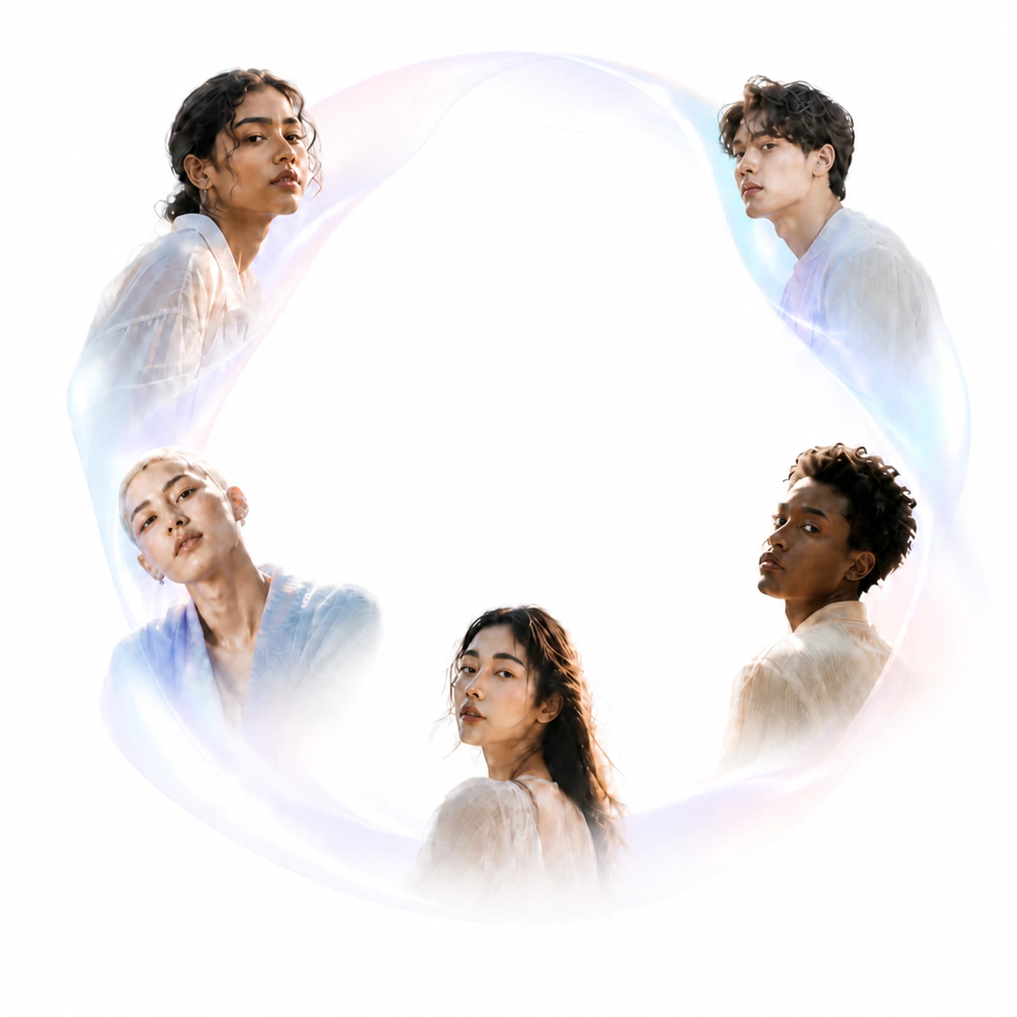 Five friends surrounded by a pearlescent Soft Iris light ribbon