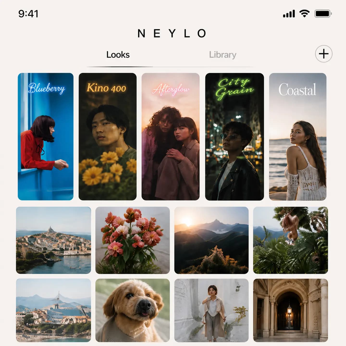 Karışık fotoğraf ızgarası ve görünüm şeridi gösteren Neylo Library ekranı